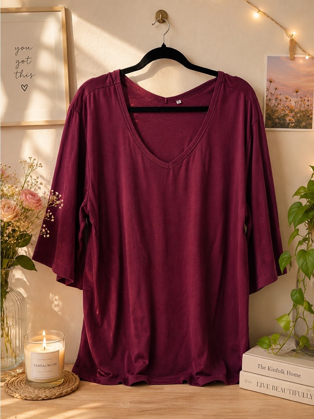 SHEIN V-Neck Short Sleeve Tee - Wine